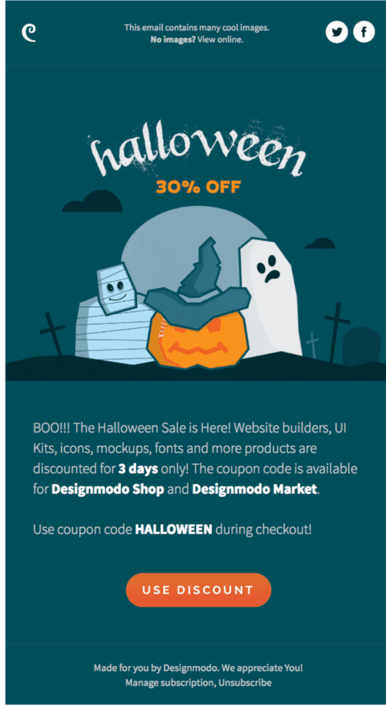 A Halloween email with a dark blue background and bright orange accents