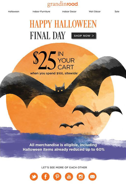 A Halloween email with flying bats on an orange background, drawn in a watercolor style