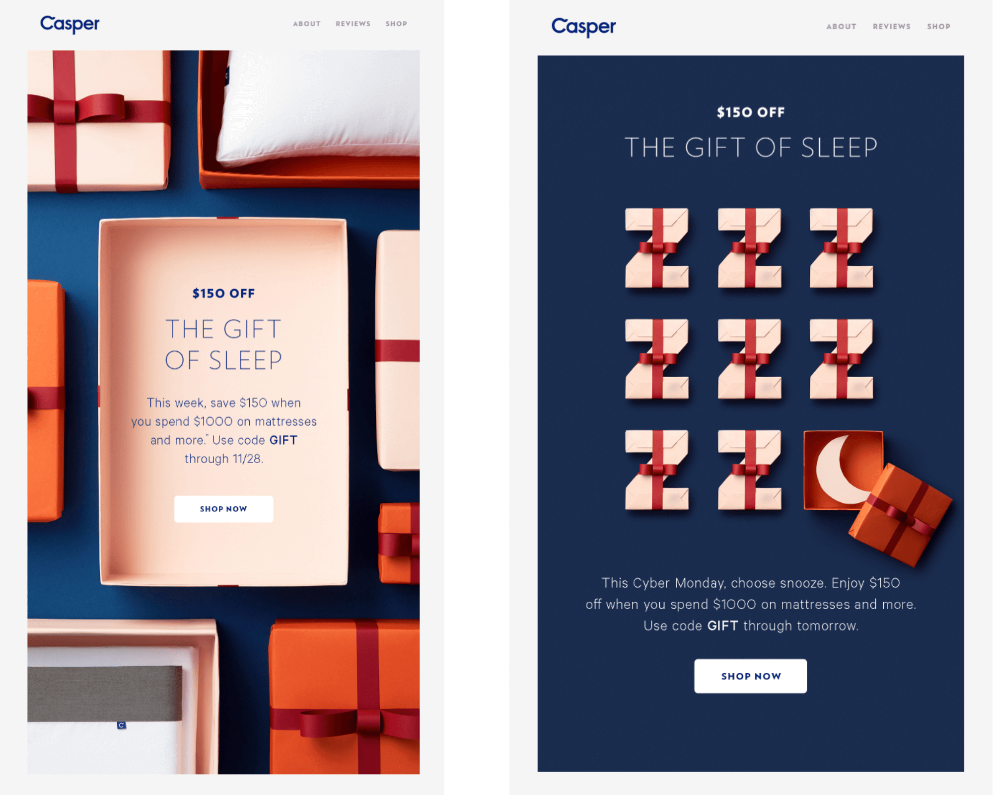 Both Casper emails showcase gift boxes with bows and have a similar color scheme: light peach, red, orange, and deep blue.