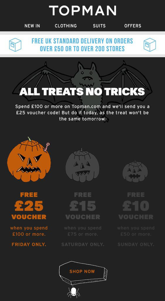 An email with different pumpkins and a bat with a CTA button made to look like a coffin with a spider hanging from it