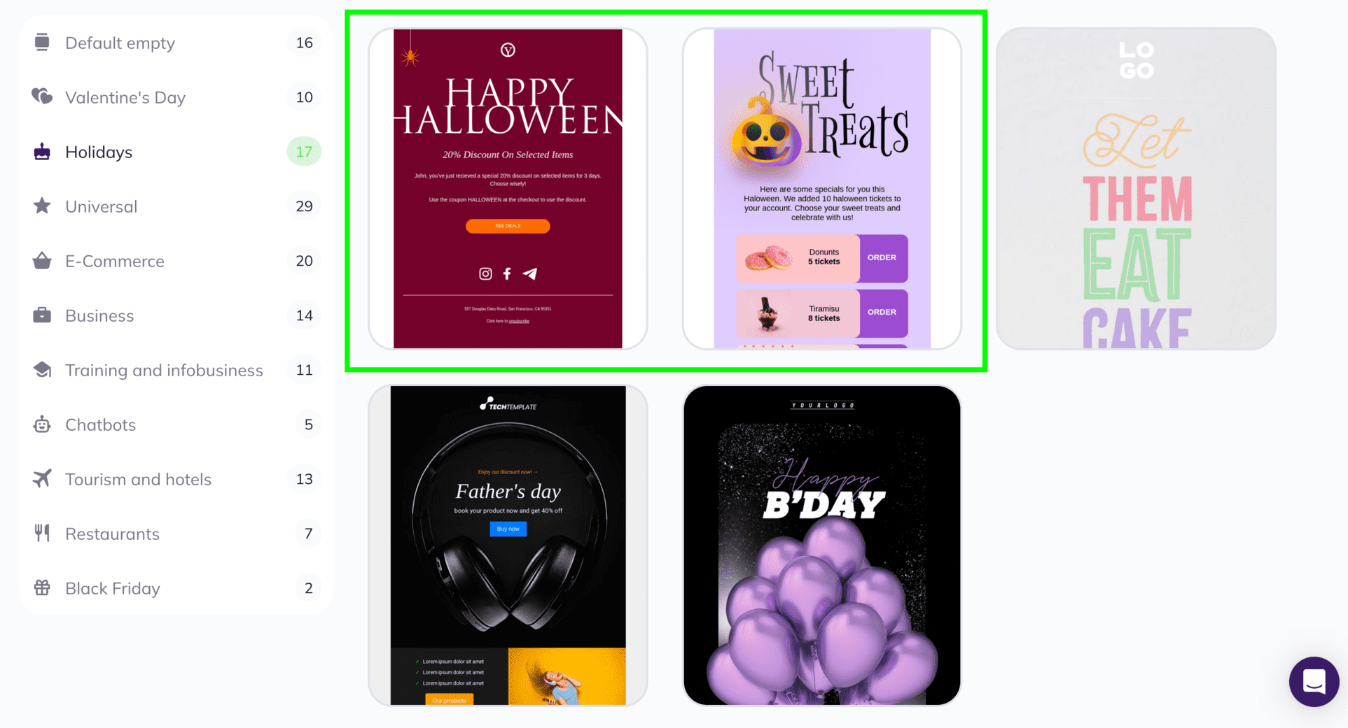 Select the Holidays category in Selzy’s template library to find two Halloween-themed templates