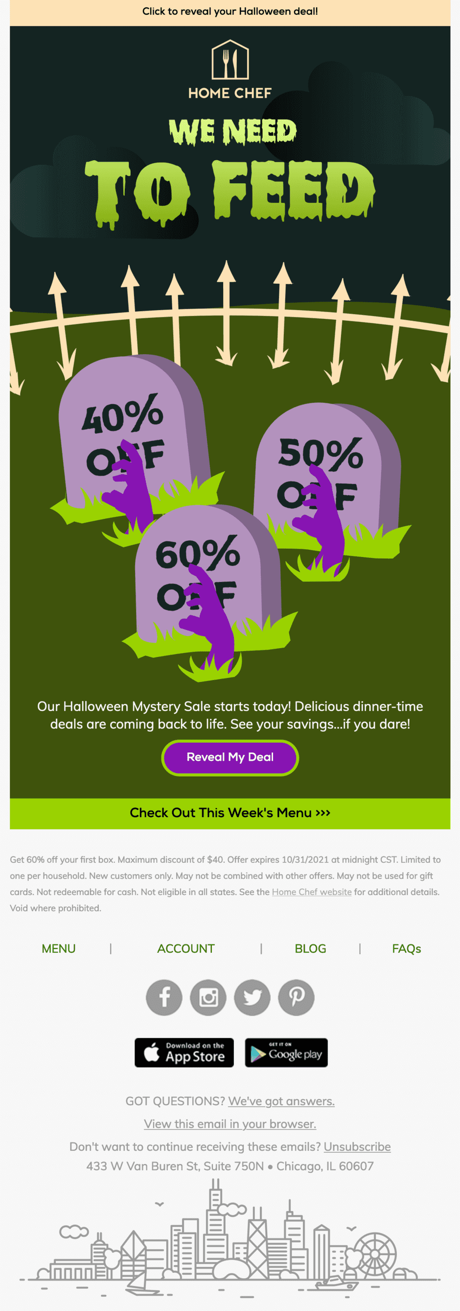 A Halloween email with a green and purple color scheme