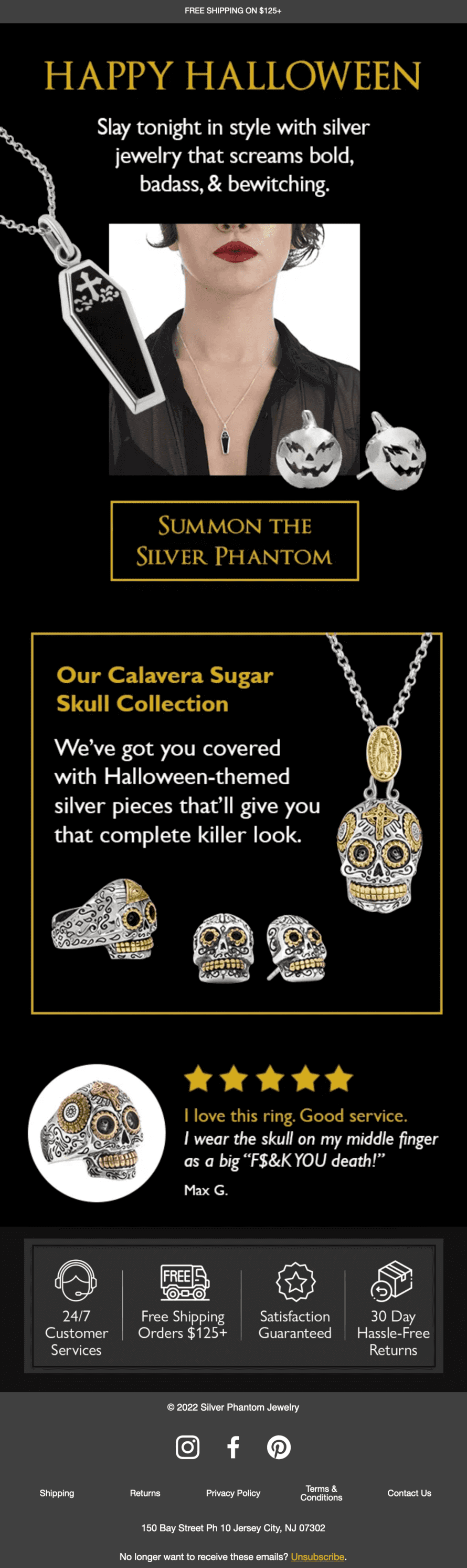 A Halloween email from a jewelry store showcasing several Halloween pieces, a themed collection, and a customer review