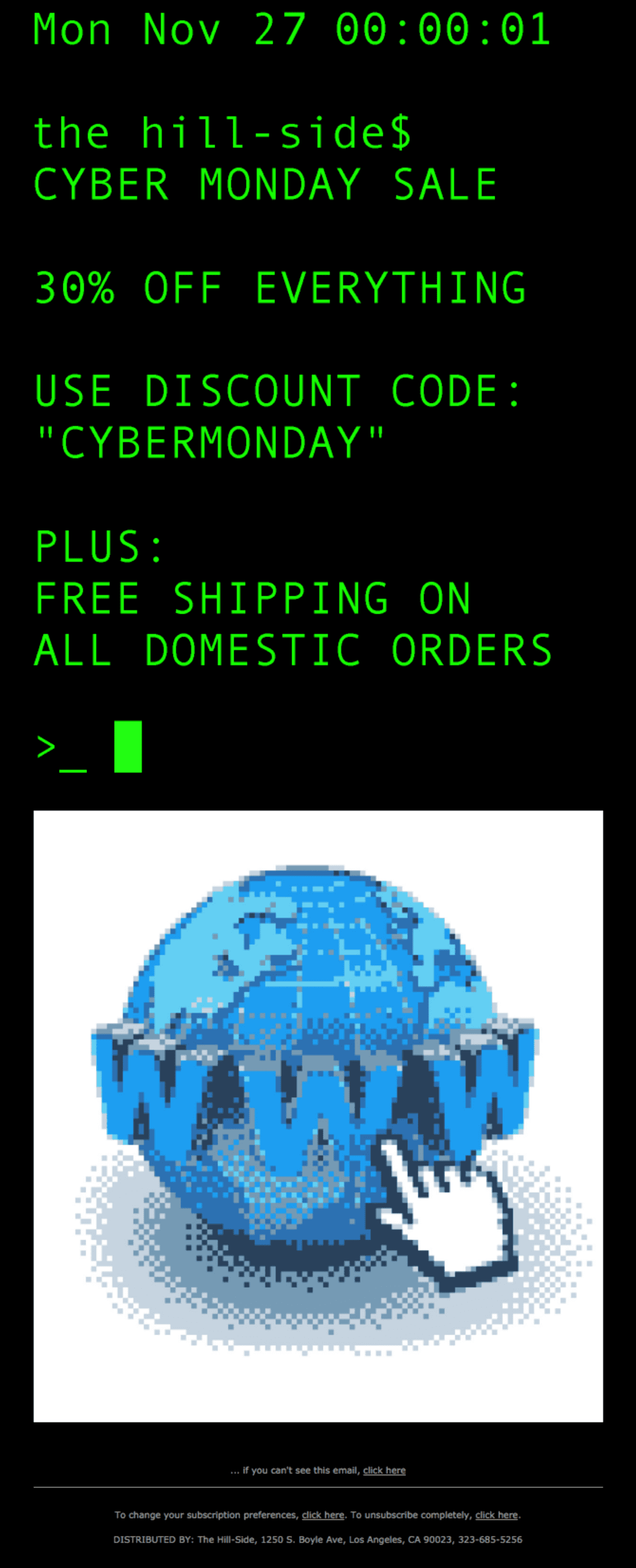 A Cyber Monday sale email with neon green text on a black background