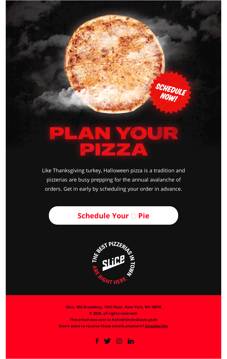 A Halloween email with a pizza appearing at the top from the fog and a call-to-action to schedule the pizza order