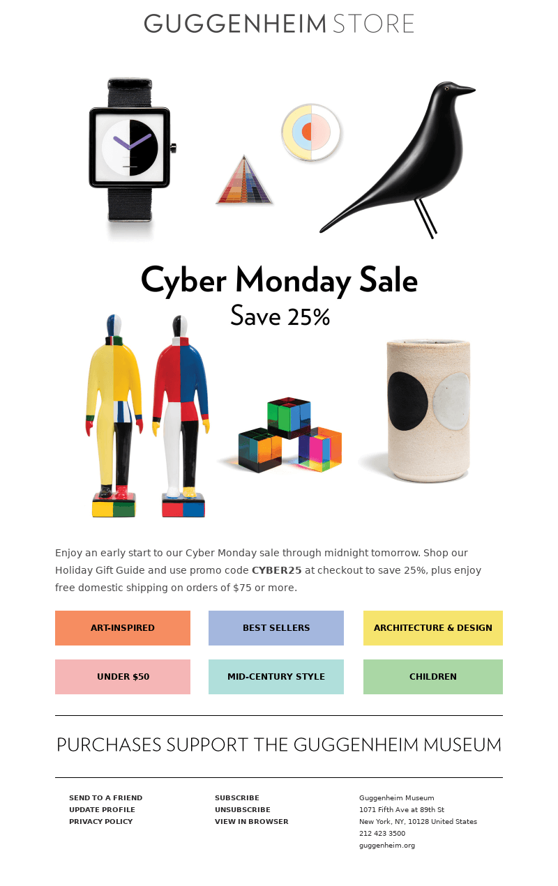 A Cyber Monday email with a white background and several products around a banner saying Cyber Monday Sale Save 25% in black.