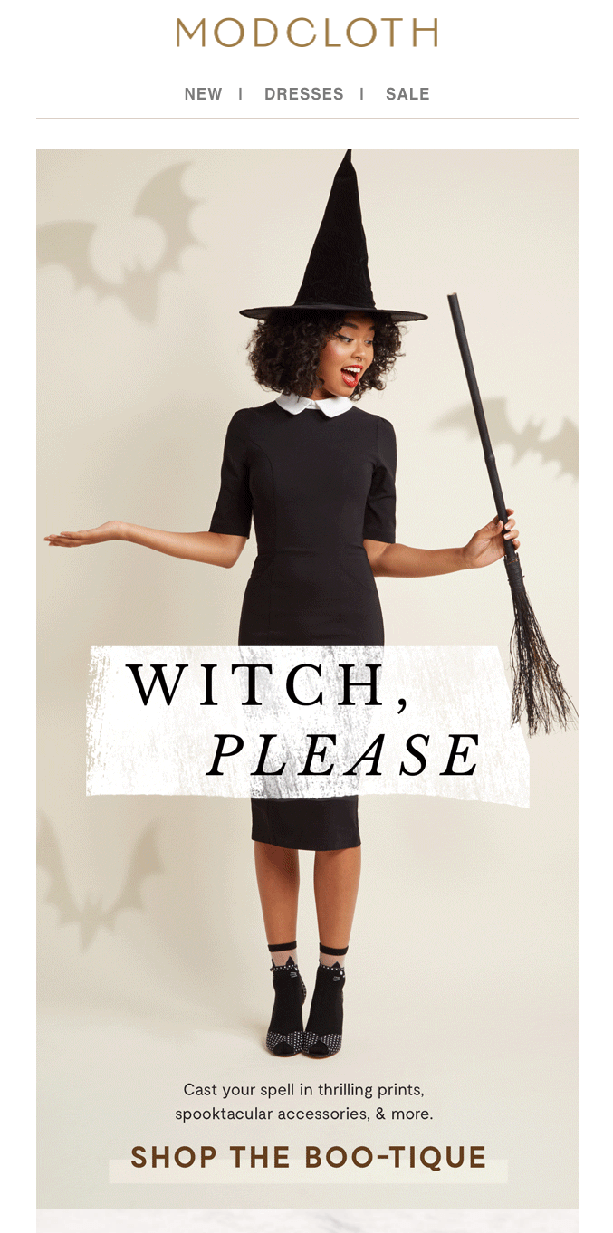 A Halloween email with a Witch, please and Shop the boo-tique texts