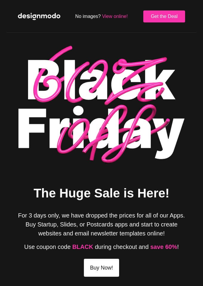 A Black Friday email with a 60% off sign in pink integrated into the Black Friday sign