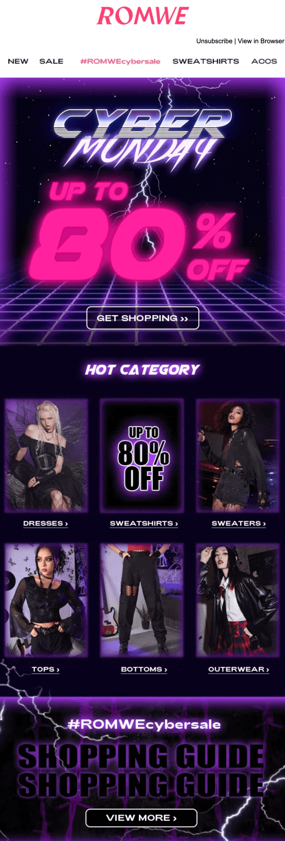 A Cyber Monday email with pink and purple accents and a black background