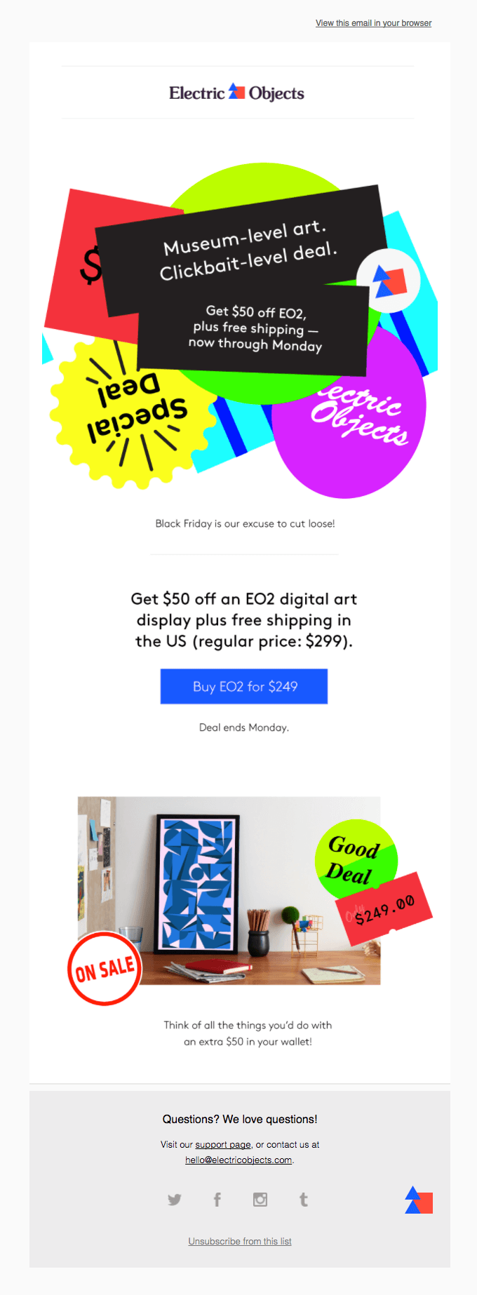 A Black Friday email with colorful elements and the main information stated on top on a black background