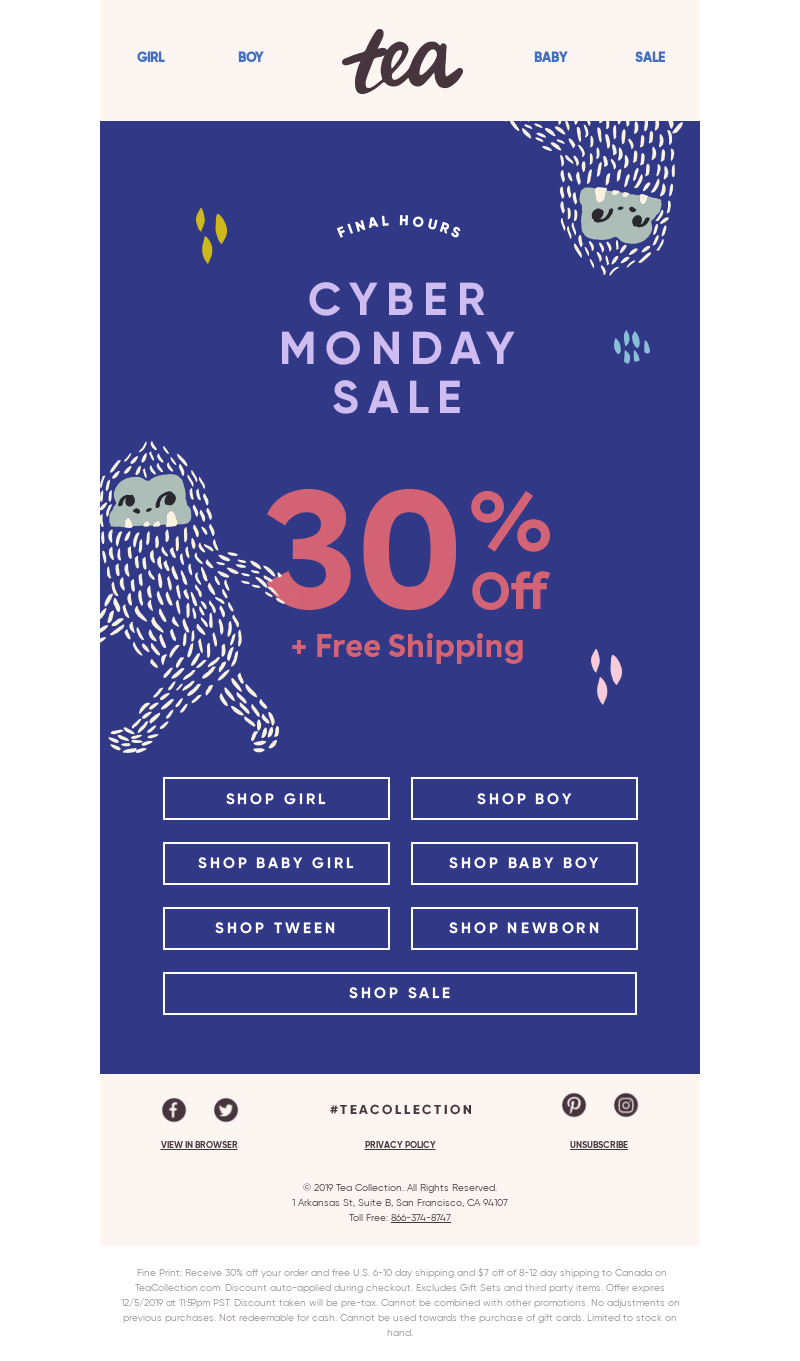 A Cyber Monday sale email with a discount and free shipping promotion