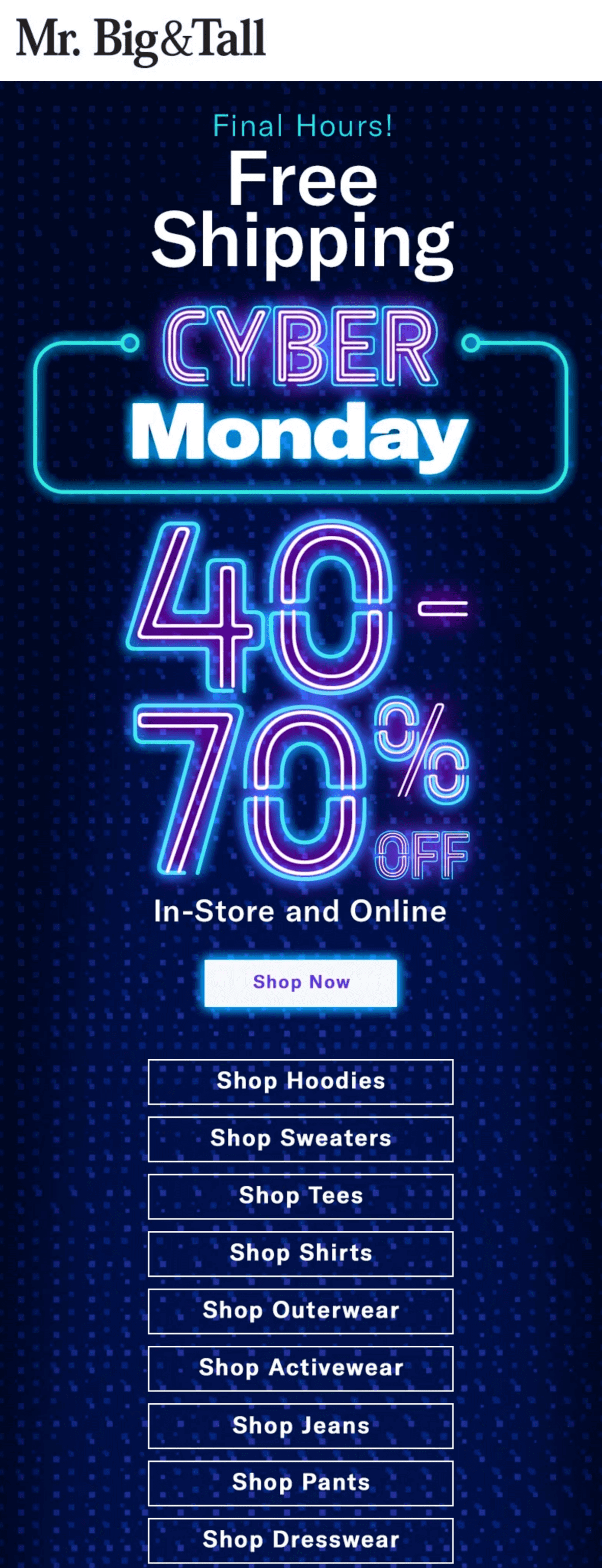 A Cyber Monday email with text imitating neon signs