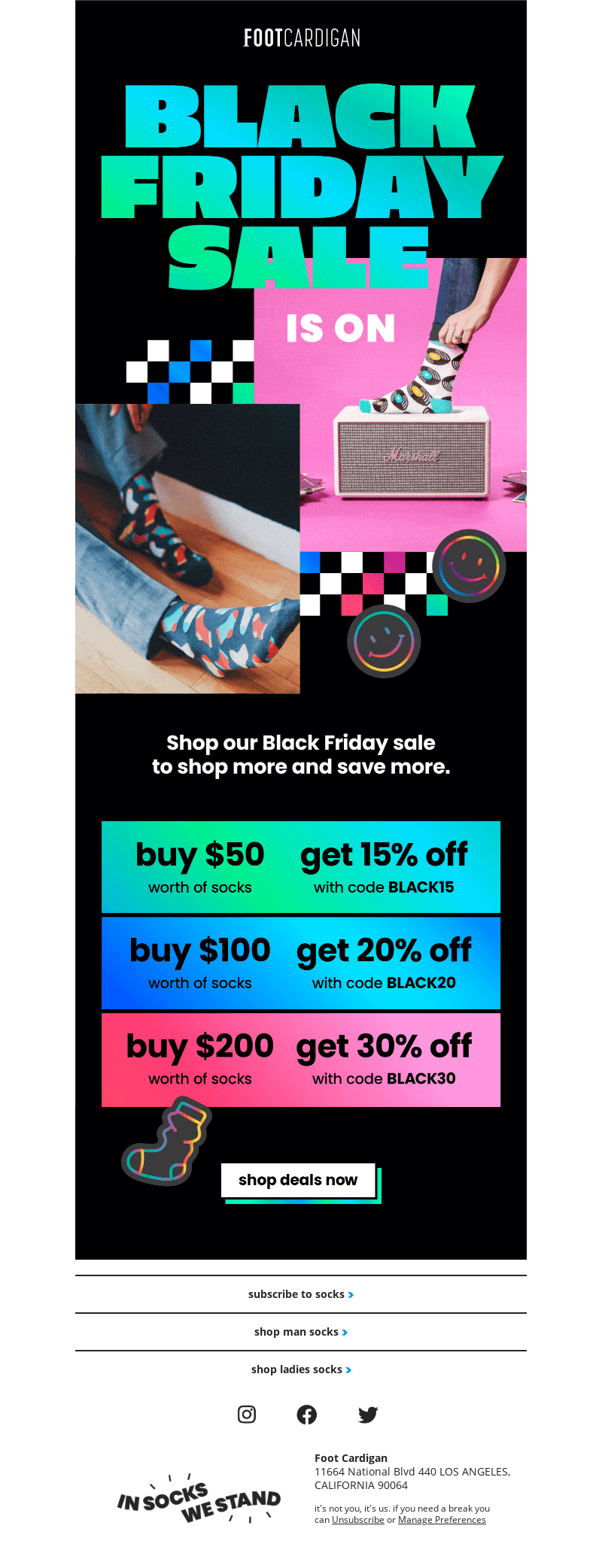 A Black Friday email with bright elements and photos on a black background