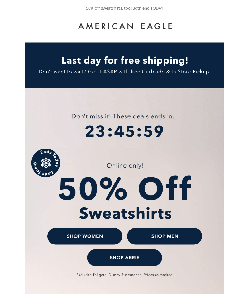A Cyber Monday email with a Last day sign and a countdown timer