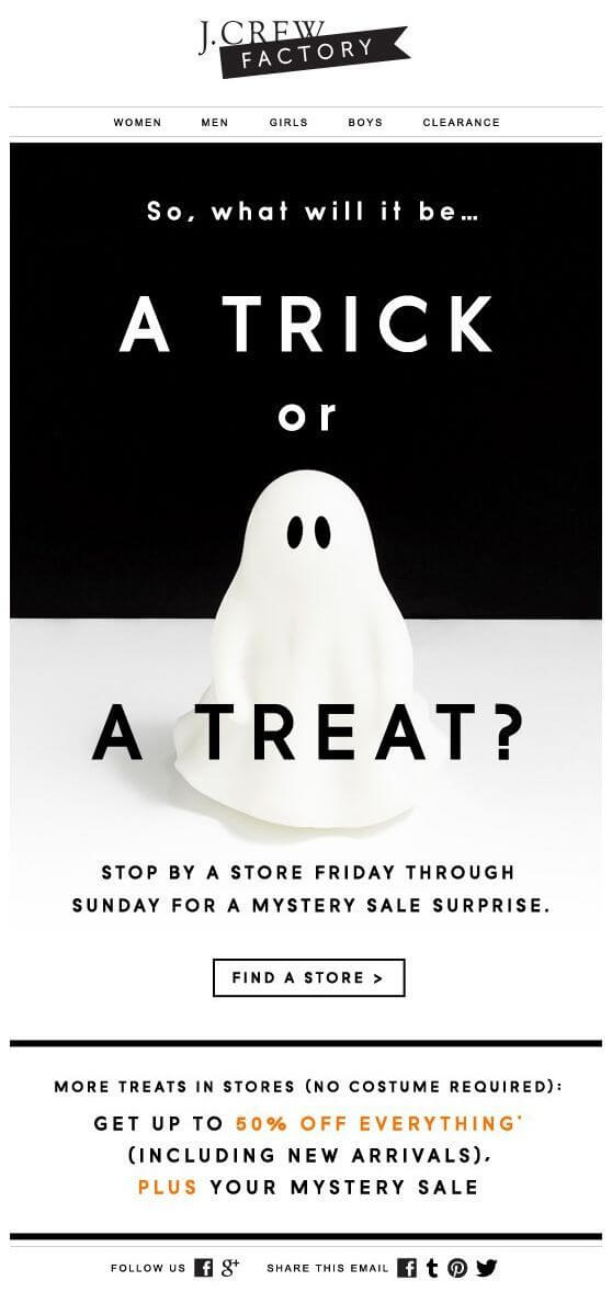A Halloween email with a big Trick or treat text and a link to find a store