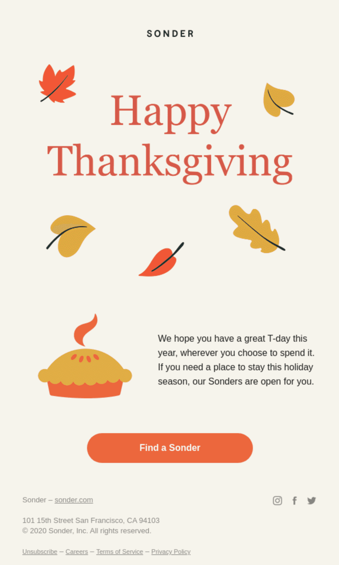 A Thanksgiving email with one short paragraph of text and a button to access the website