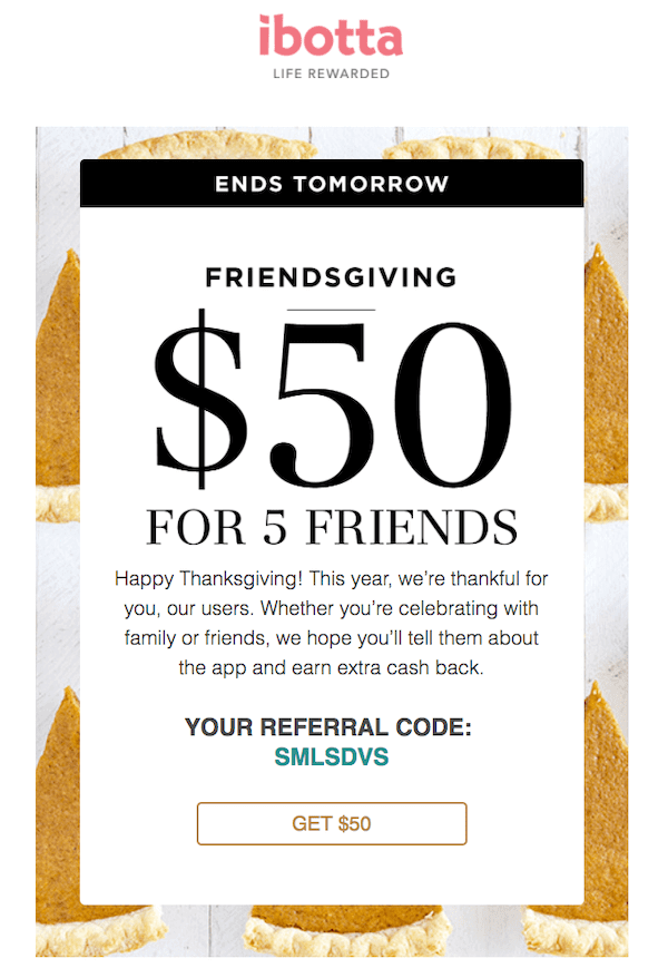 An email dedicated to the referral program with an offer of $50 for 5 friends