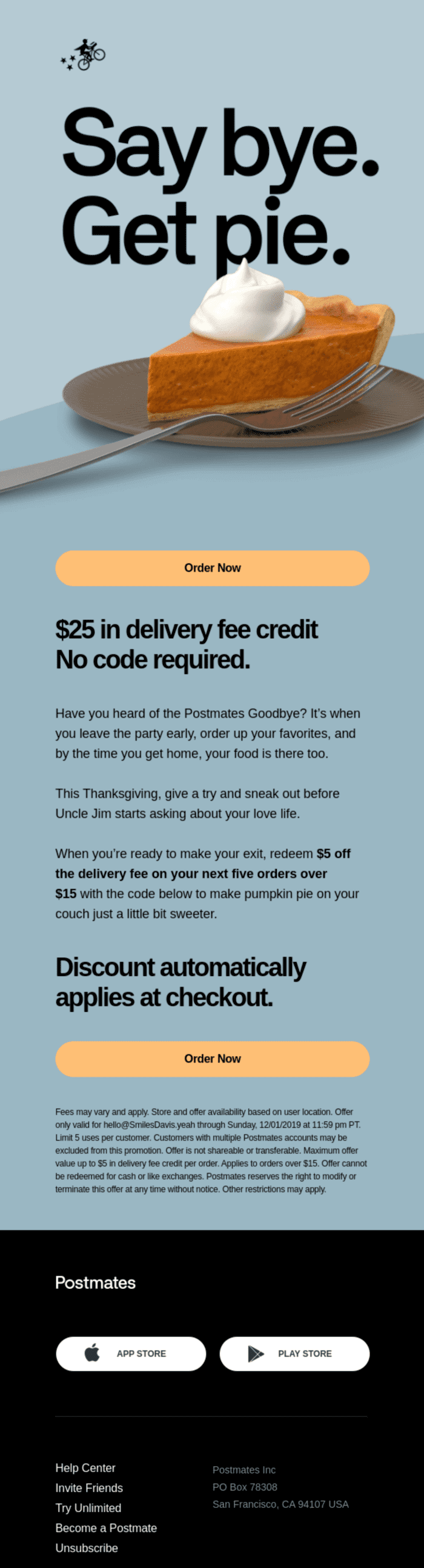 A Thanksgiving email announcing a $25 in delivery fee credit with no code
