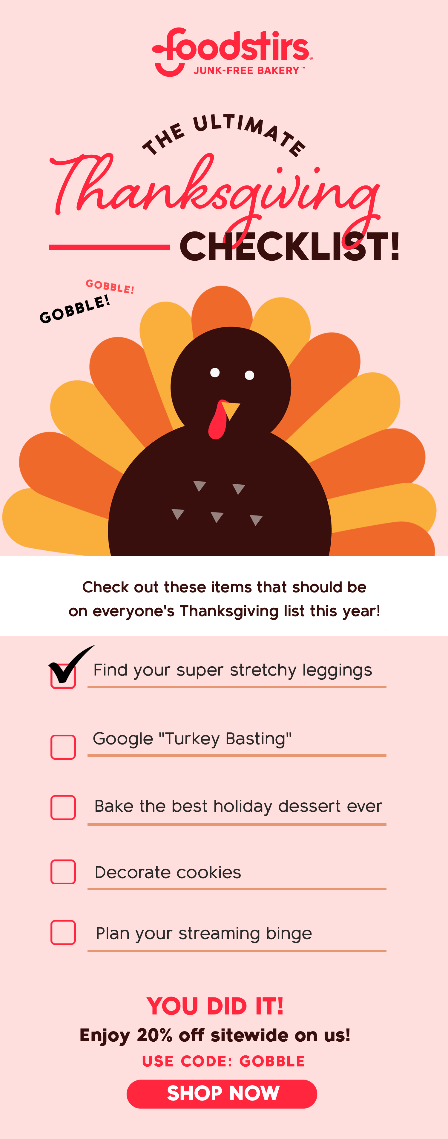 A Thanksgiving email with a GIF of a Turkey and a holiday checklist