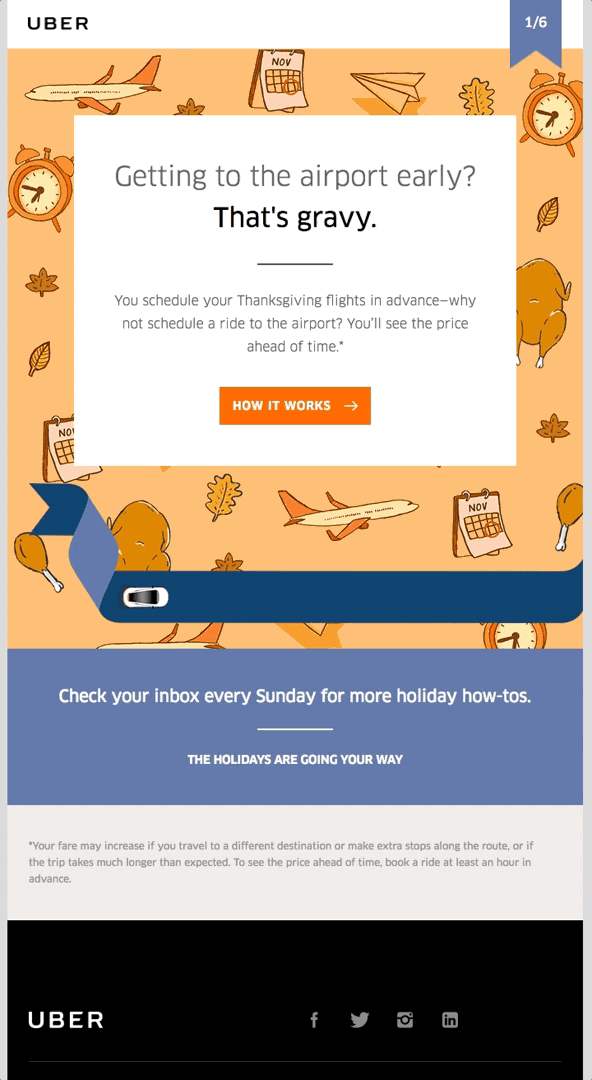 A Thanksgiving email with a banner text saying Getting to the airport early? That’s gravy and an invitation to schedule a ride in advance.