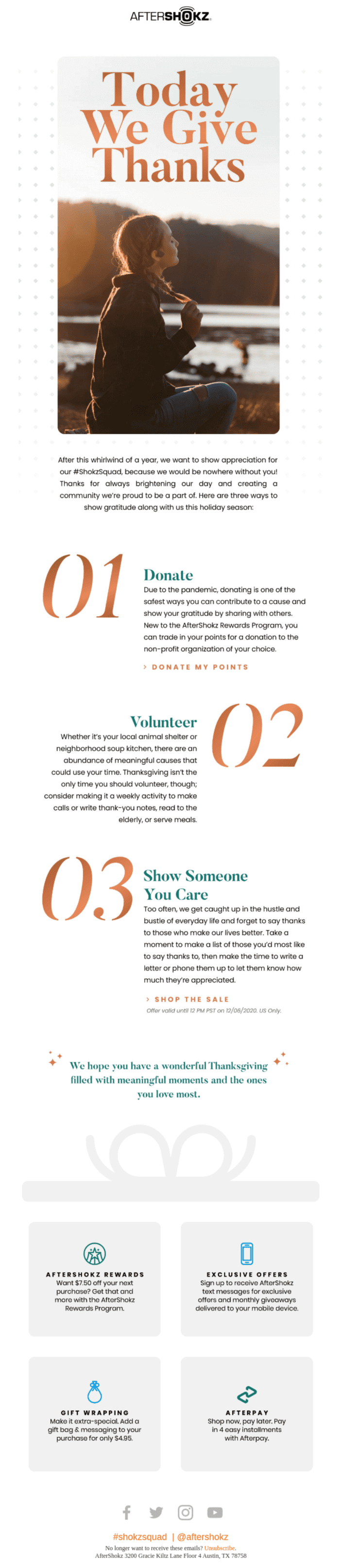 An email explaining 3 ways to give thanks: donating, volunteering, and showing someone you care