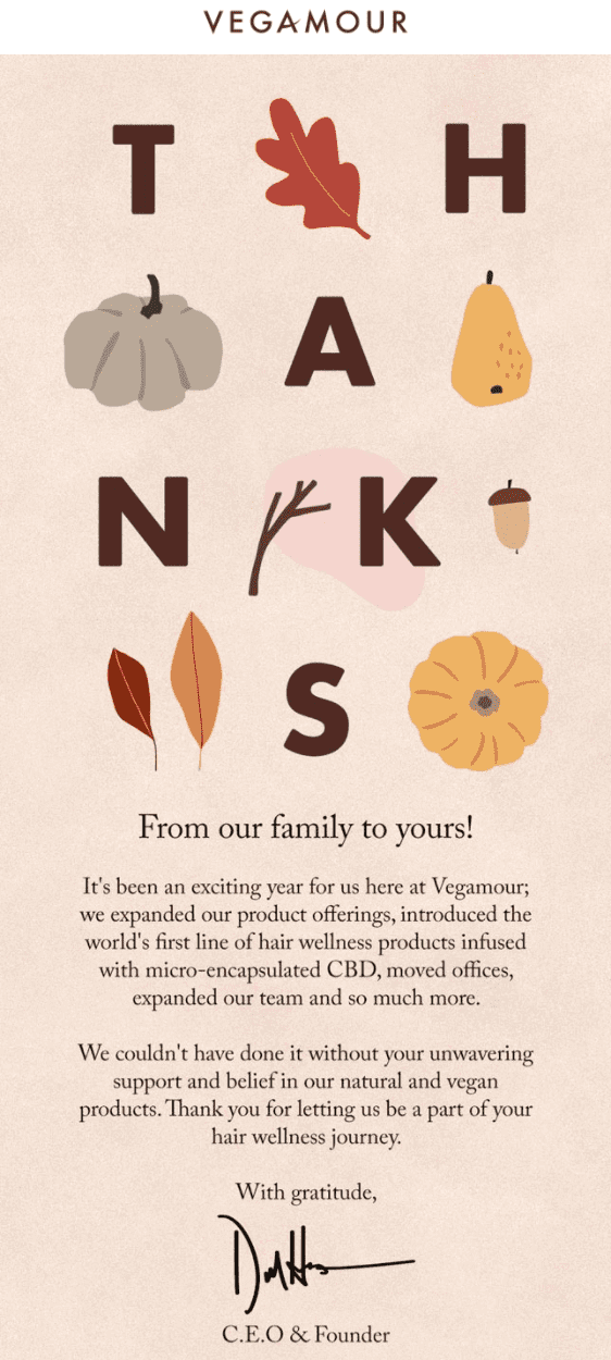 An email with letters forming the word Thanks in between leaves, a pumpkin, and other fall visuals