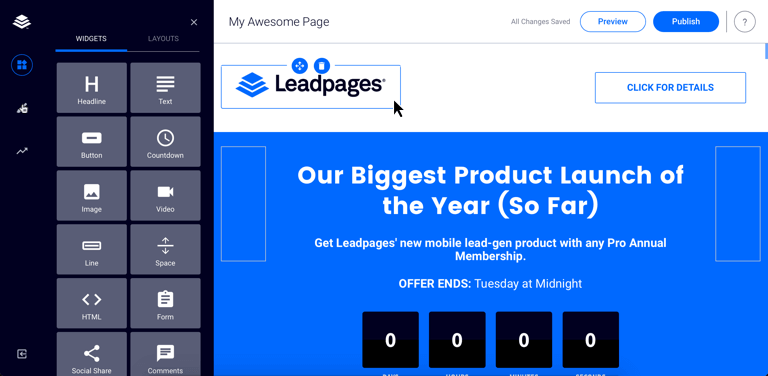 Leadpages drag-and-drop landing page builder