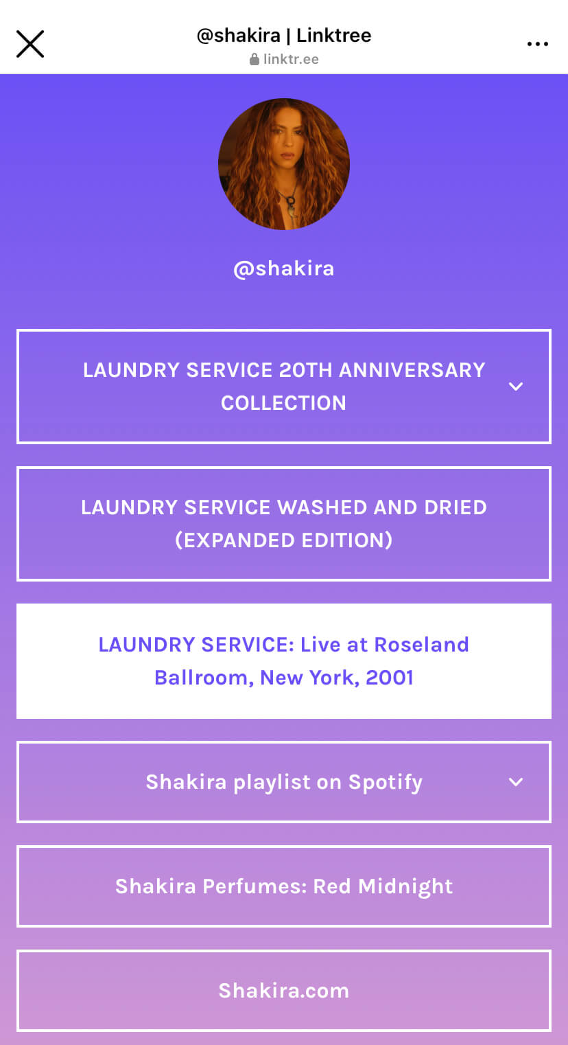 Shakira’s Linktree with links to her shop, playlist, and website