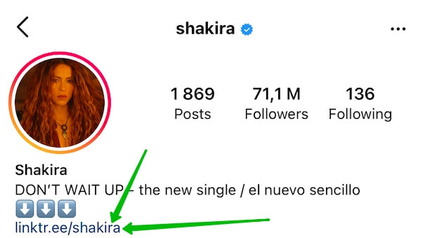 Shakira’s Instagram has a link in bio and emojis pointing to it