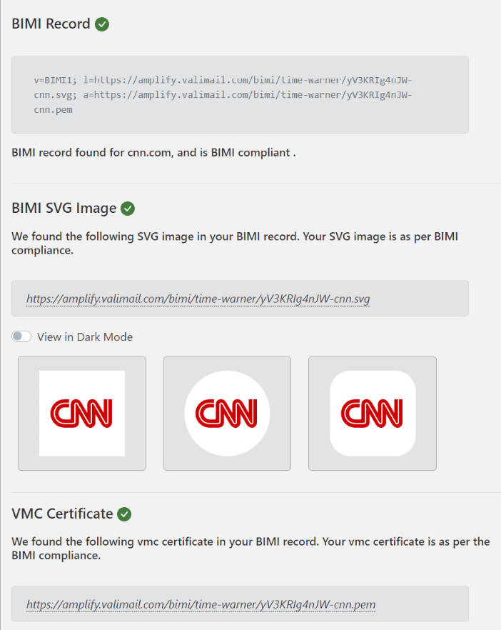 CNN has all three green checkmarks in place - BIMI Record, BIMI SVG Image, and VMV Certificate, which makes the brand 100% compliant