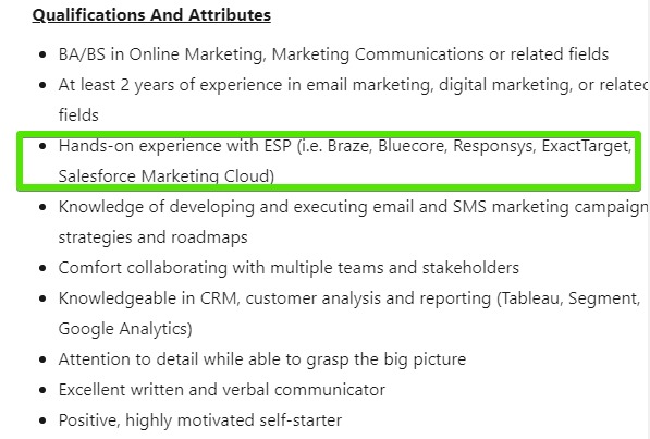 A snapshot of one of the email marketing specialist openings. If you mention these particular tools in your resume, you’ll have better chances.