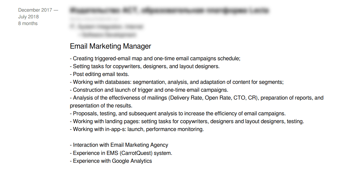 An excerpt from a real resume that would’ve been great if it contained some results and numbers. Plus, the punctuation is inconsistent.