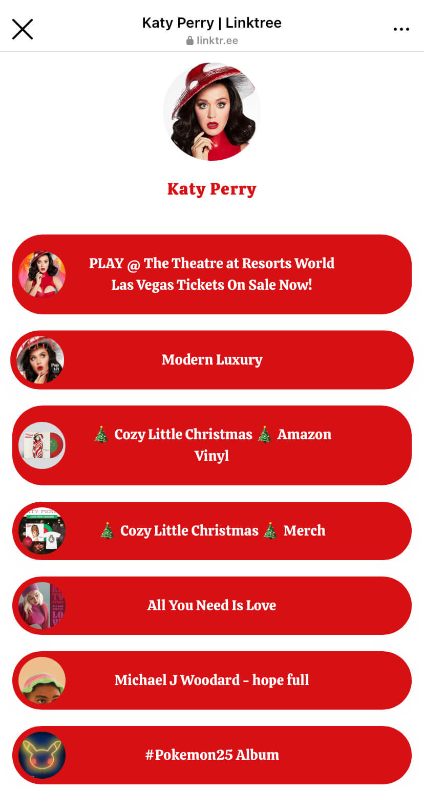 Katy Perry’s Linktree page with various links