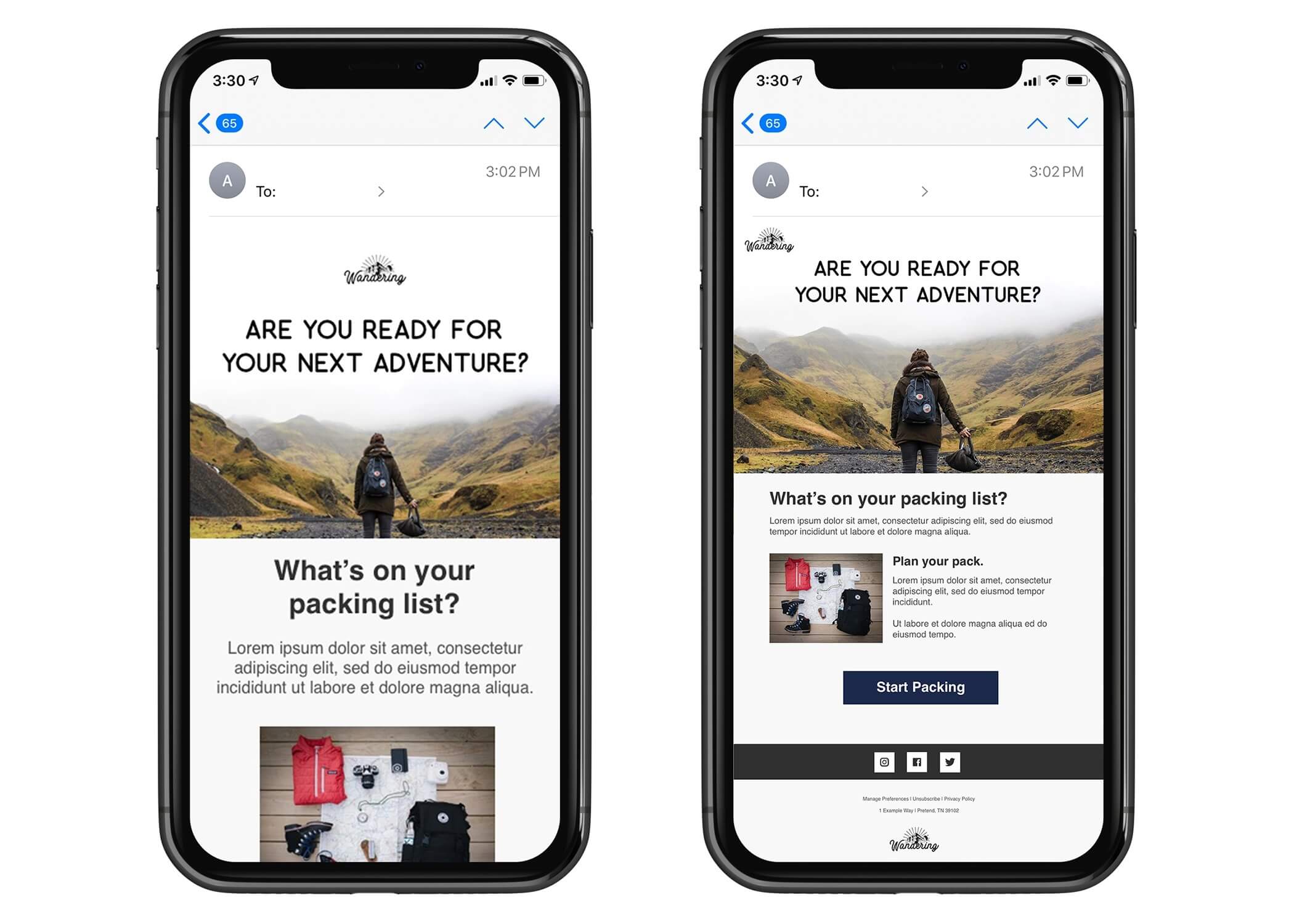A design on the left is well-adapted to mobile devices, the one on the right is not. The copy is so small you can’t even find where the unsubscribe button is, which means problems. Source: Campaign Monitor