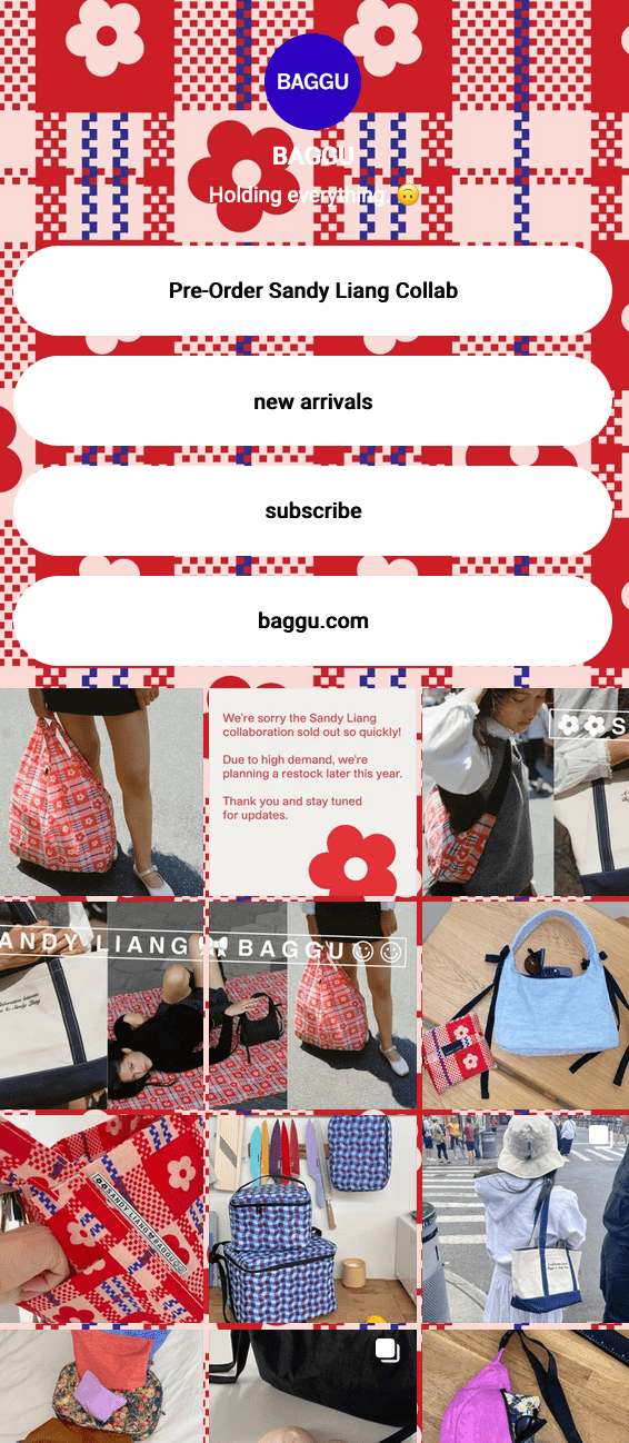 Baggu’s link in bio has several links at the top of the page and a grid of shoppable images below