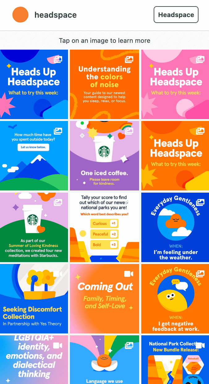 Headspace’s link in bio recreates the service’s Instagram posts