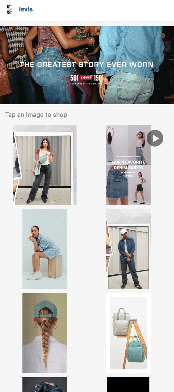 Levi’s has a two-column link in bio website with a header and images linked to products