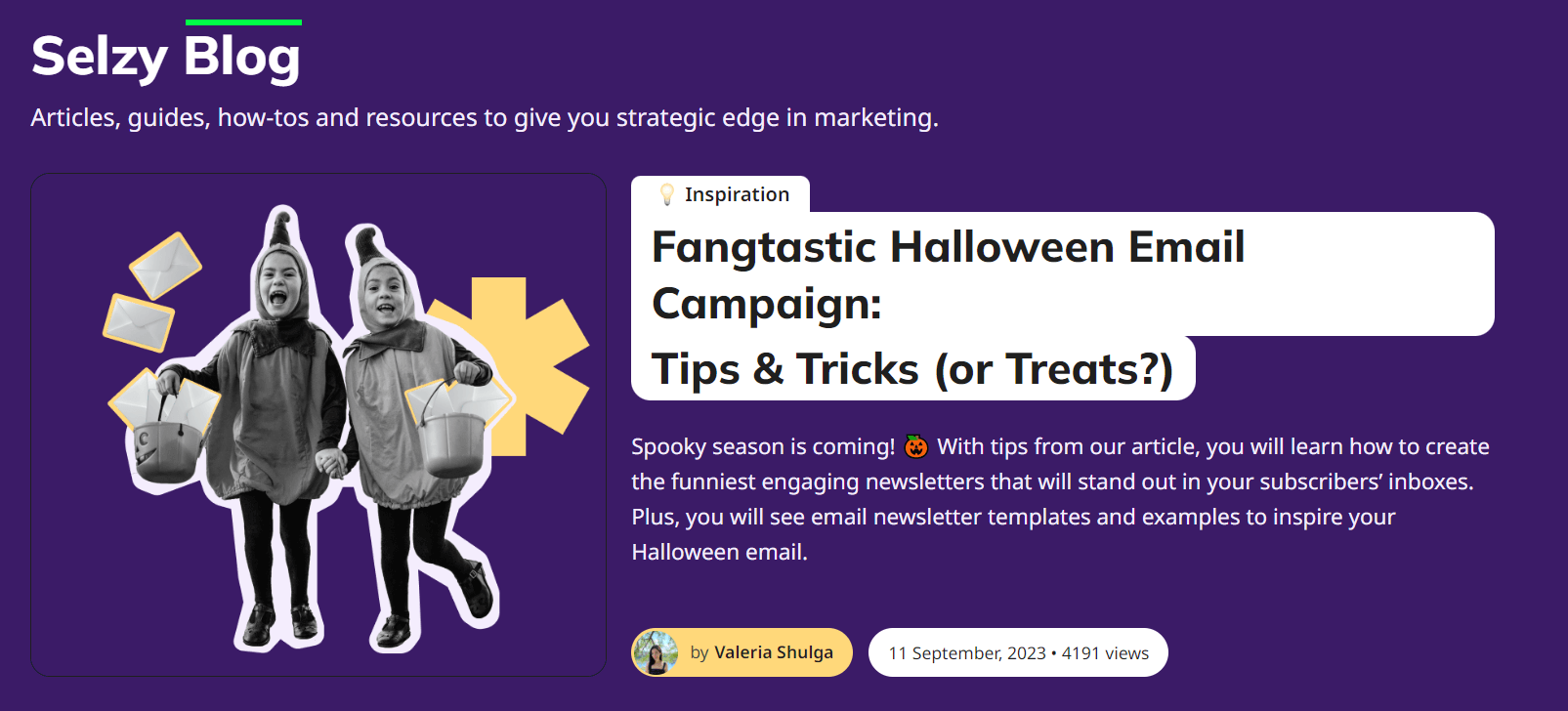 Selzy Blog main page with an article about Halloween email campaign ideas