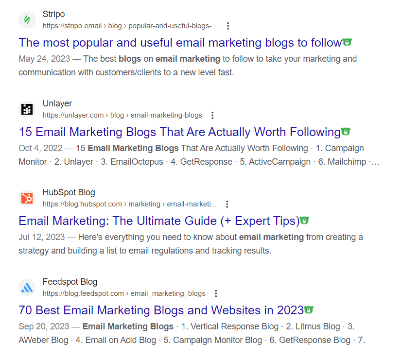 Google search results, there's an article that highlights 70 email marketing blogs