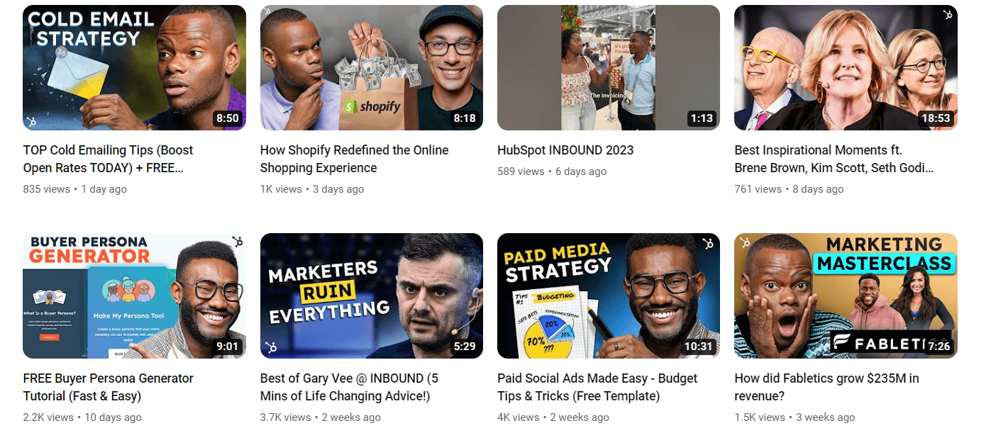 HubSpot YouTube channel videos page screenshot