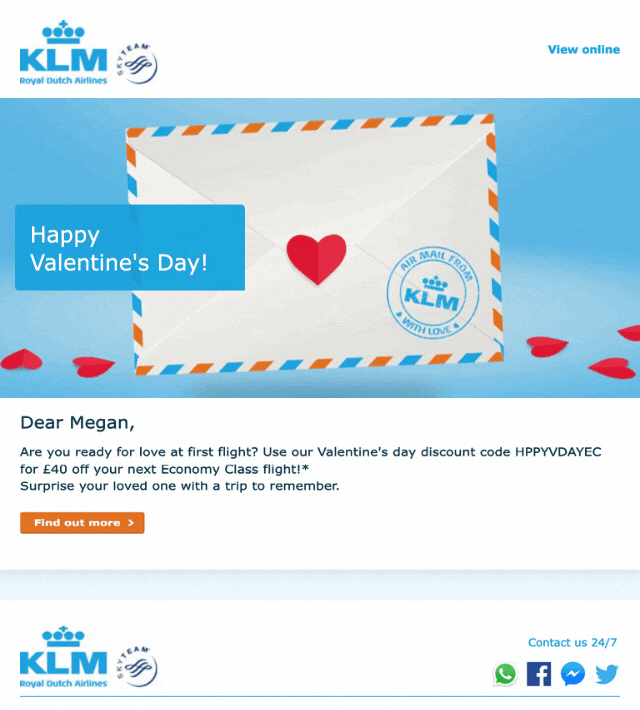 Valentine’s Day email marketing campaign by KLM