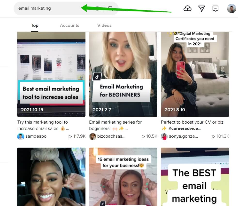 A TikTok search results for “email marketing” showing top videos on the topic