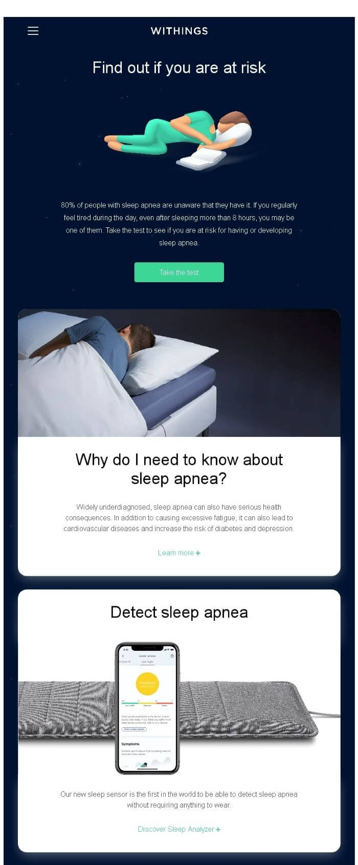 Withings sells health tech products. The main point of this email is to educate subscribers about risks associated with sleep apnea and only then showcase the new sleep sensor, which makes this email a newsletter