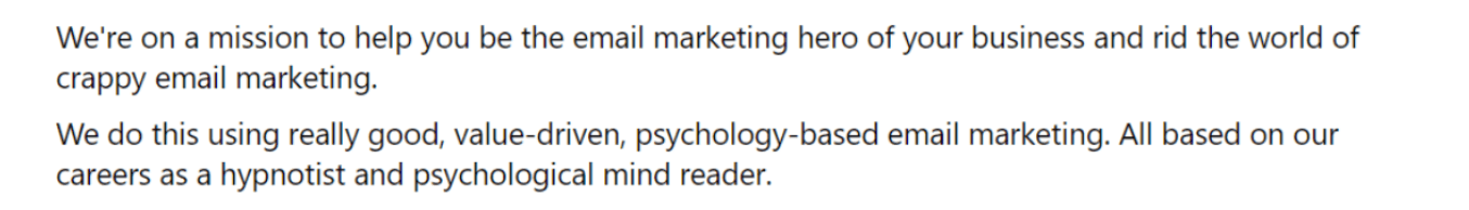 Part of the community description about “really good, value-driven, psychology-based email marketing”