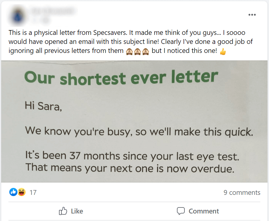 A screenshot of a Facebook post with a photo of a letter that reads “Our shortest ever letter” and states that the poster’s eye test is overdue. This letter reminded the poster of the community and would have made for an email with a great subject line.