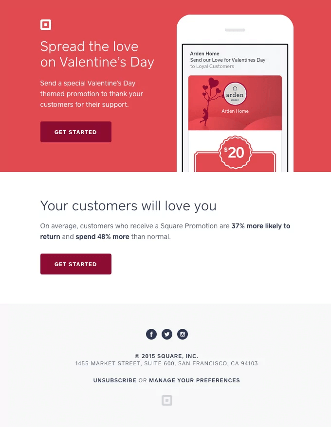 Valentine’s Day email marketing campaign by Square
