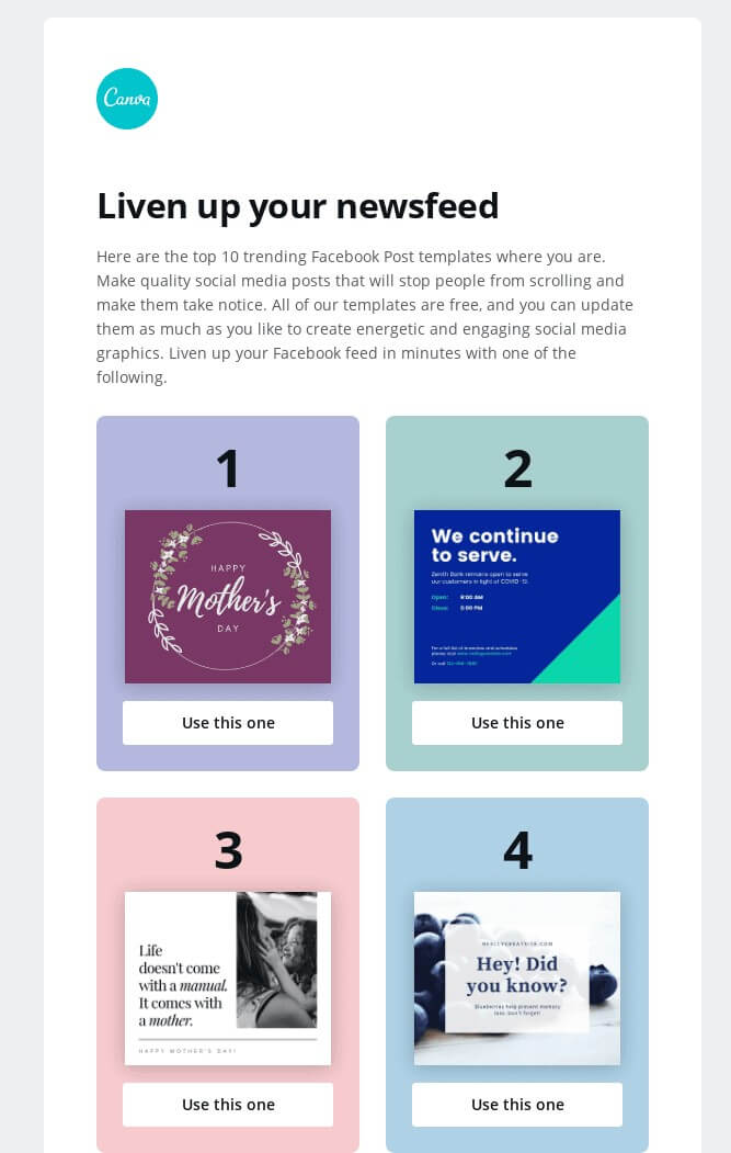 A segment of Canva’s newsletter telling about the top 10 Facebook Post templates popular in user location. Nice touch.