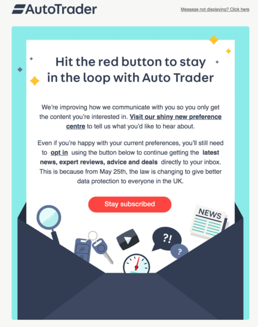 A dedicated stay-subscribed campaign from Auto Trader directly refers to GDPR. Source: Really Good Emails