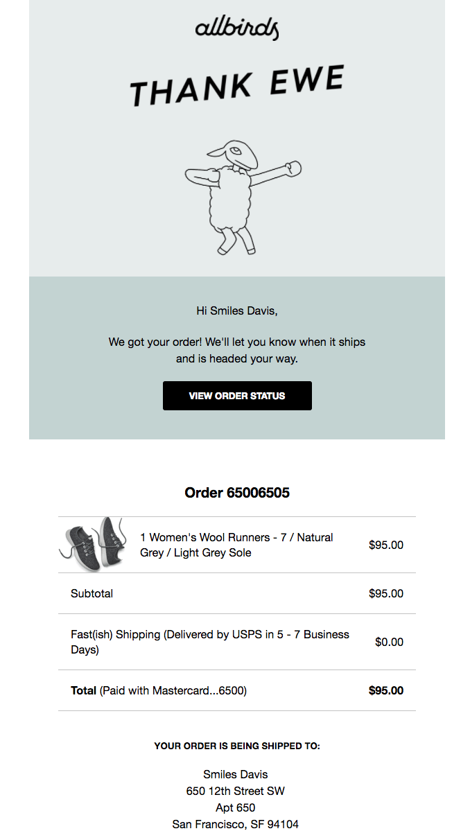 An automatic purchase confirmation email