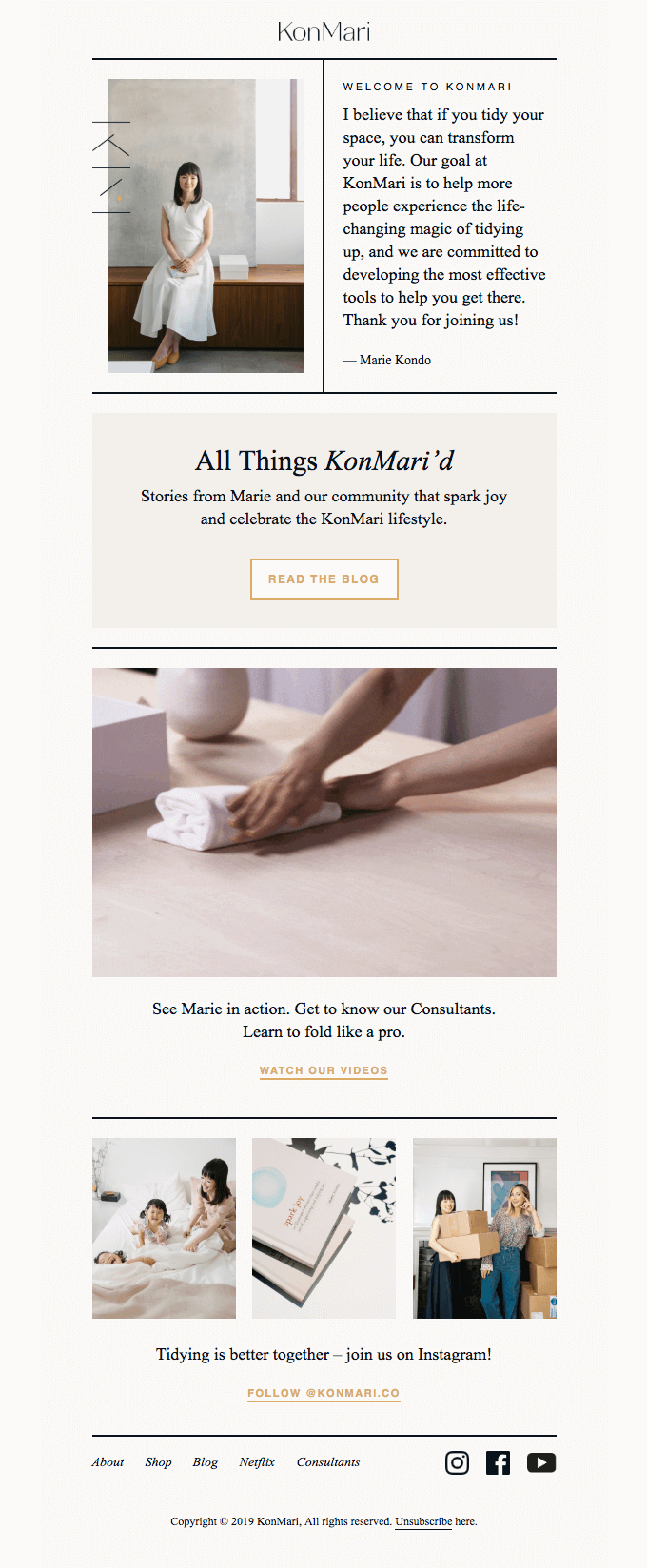 A welcome email by KonMari